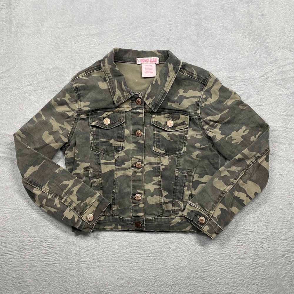 Soho Blue Camo Denim Jacket Girls 10/12 Green Camouflage Stretch‎ Trucker